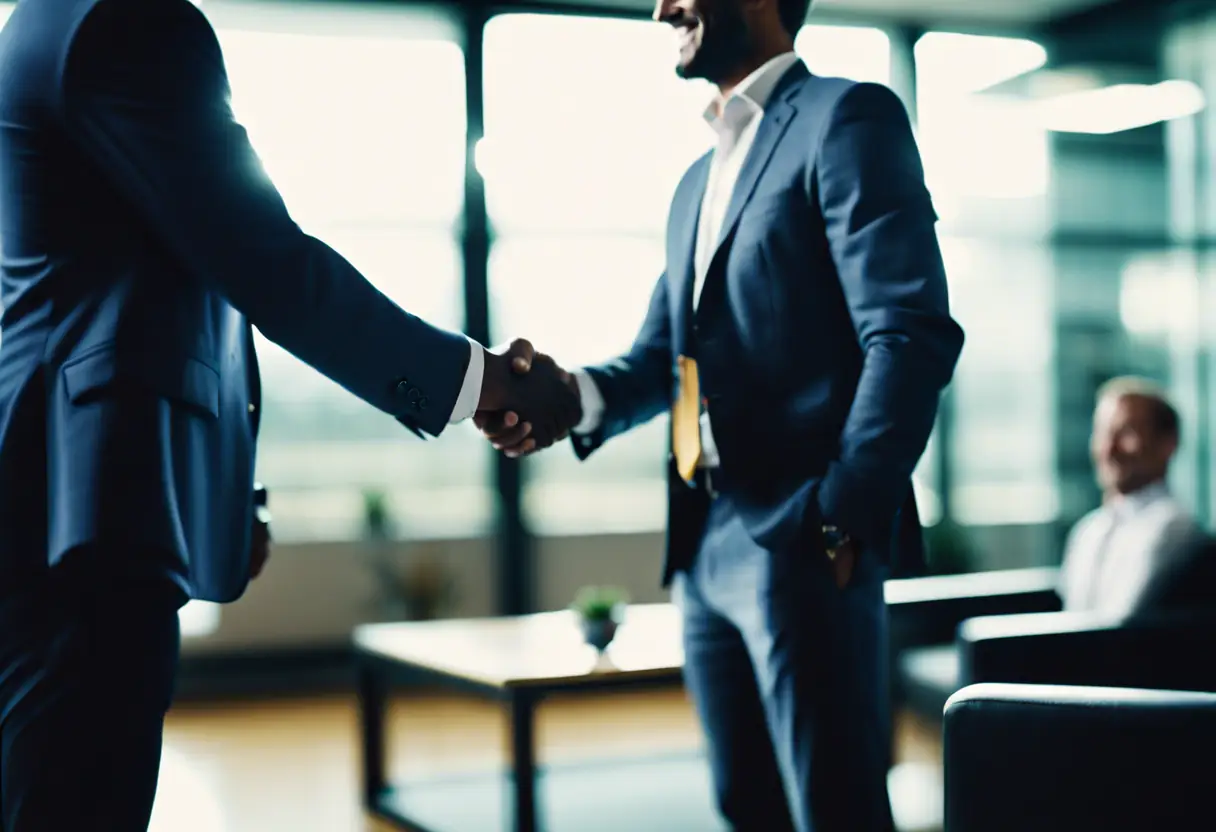 Successful partnership handshake between a football club representative and an investor.