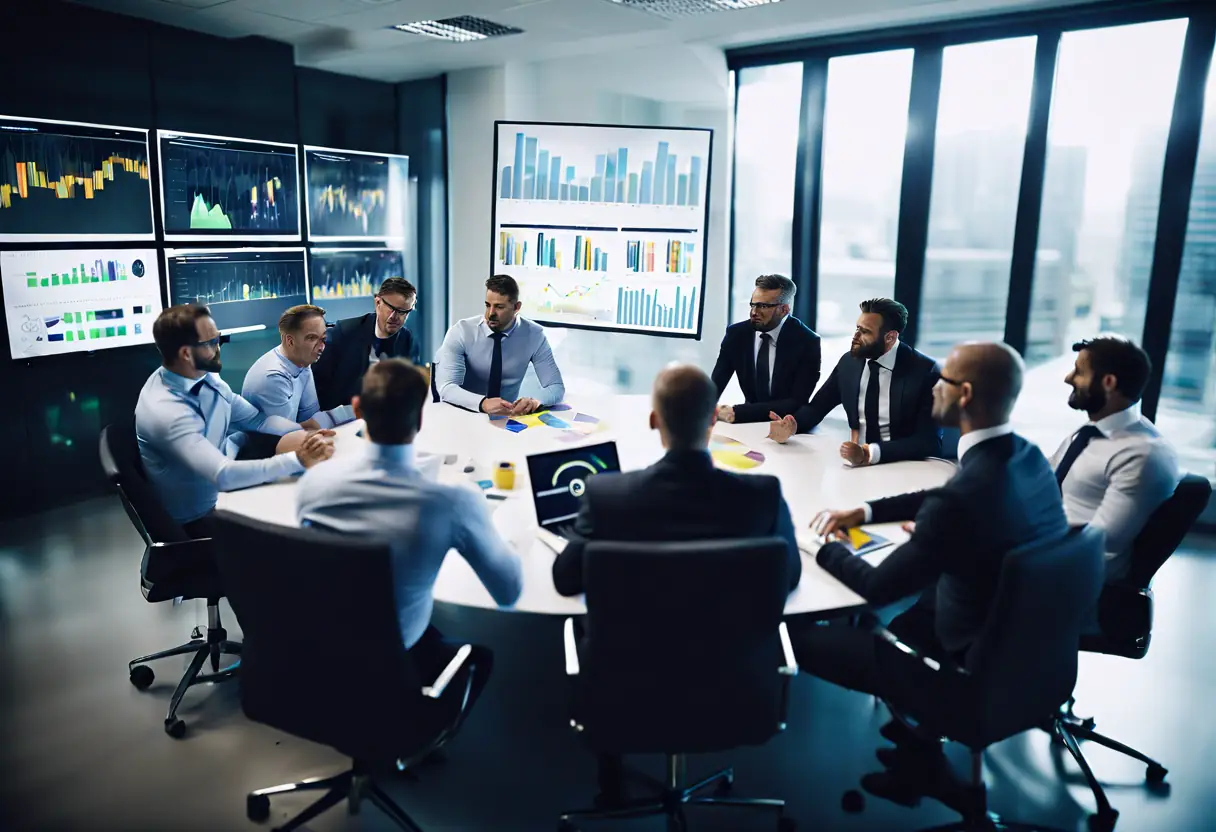 Football club management team with Smart Sports Investments consultants in a modern office.