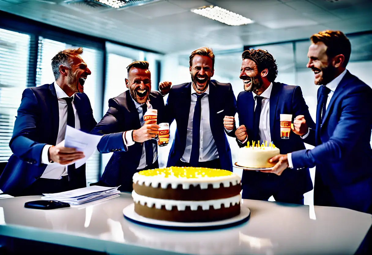 Football club management team celebrating a major investment deal in an office.